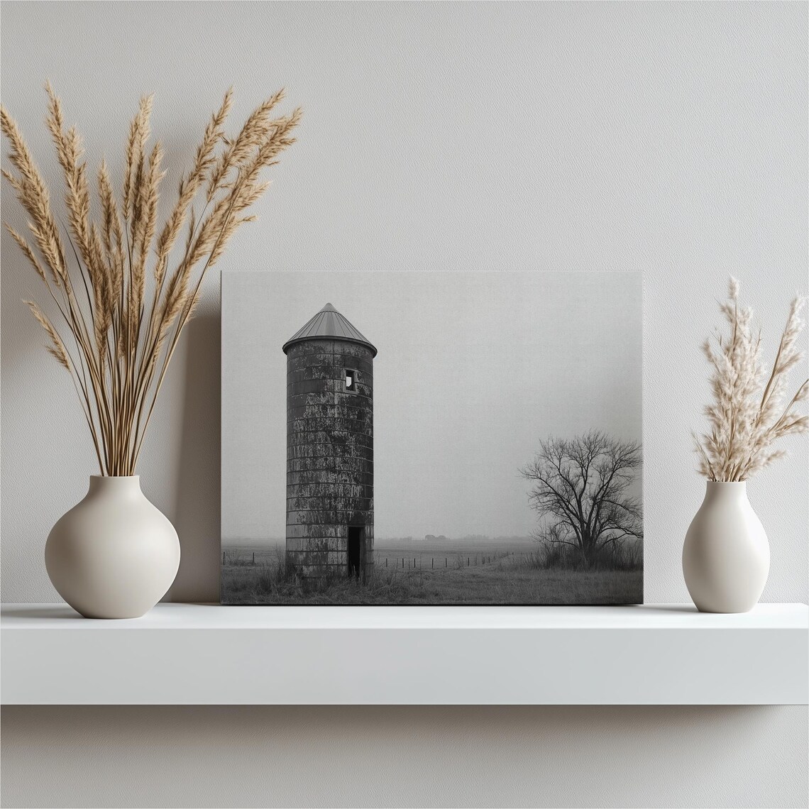 Old Stone Silo Misty Field Black and White Farm Photo Art Poster