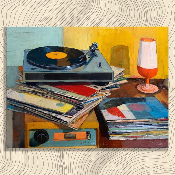 Retro Turntable Vinyl Canvas Wall Art Record Player Print Mid Century Modern Decor Music Painting Gift Colorful Still Life Analog