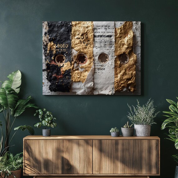 Abstract Music Collage Canvas Wall Art Gold Leaf Cassette Tape Mixed Media With Sheet Textured Modern Artwork