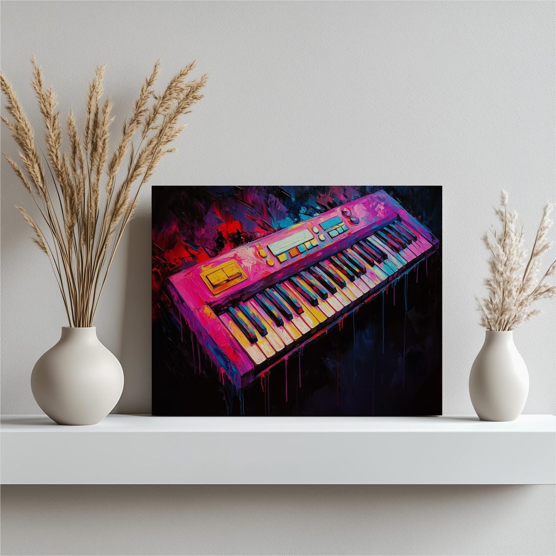 Neon Pink Synthesizer Keyboard Graffiti Music Studio Wall Art