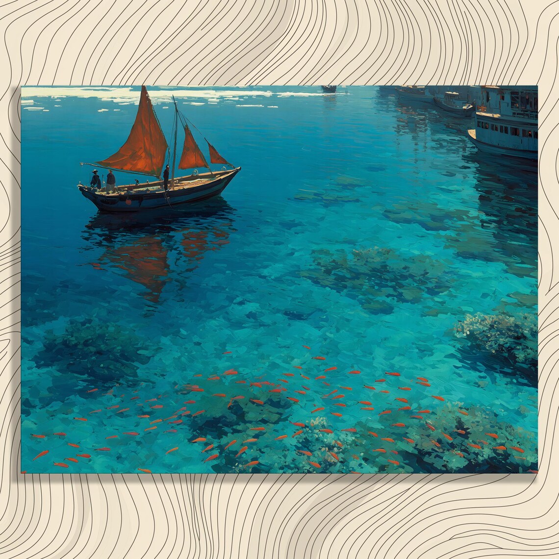 Tropical Sailboat Turquoise Ocean Orange Sails Vivid Seascape Art Poster