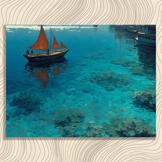 Tropical Sailboat Canvas Wall Art Vibrant Ocean Painting With Turquoise Water Coral Reef Fish Coastal Decor Nautical Seascape Print Gift