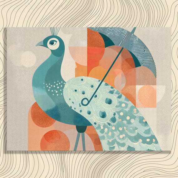 Peacock Abstract Geometric Canvas Wall Art Mid Century Modern Bird Illustration Teal Orange Umbrella Pattern Graphic Feathers Boho Decor