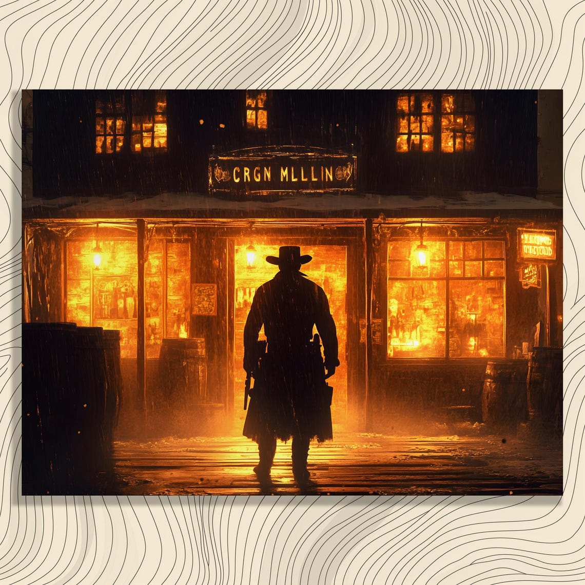Cowboy Silhouette Night Saloon Glowing Lantern Western Scene Poster