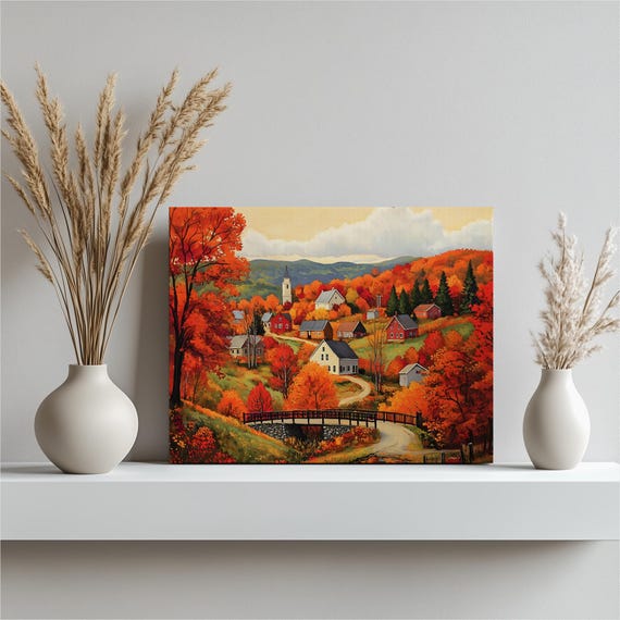 Vermont Fall Foliage Village Wooden Bridge Autumn Landscape Decor Poster