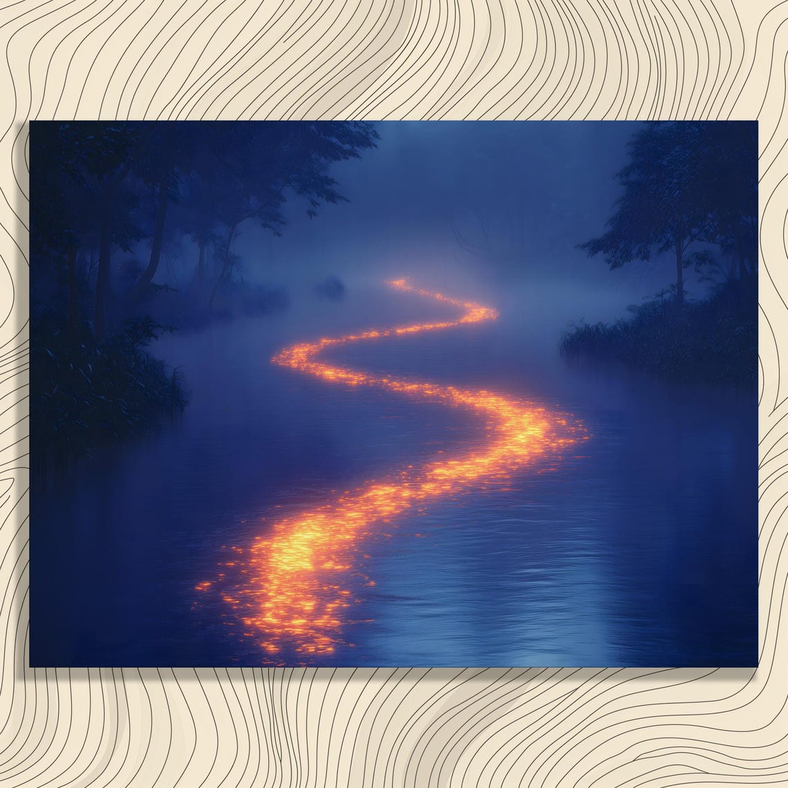 Misty Forest River Golden Sunset Glow Tranquil Night Art Poster