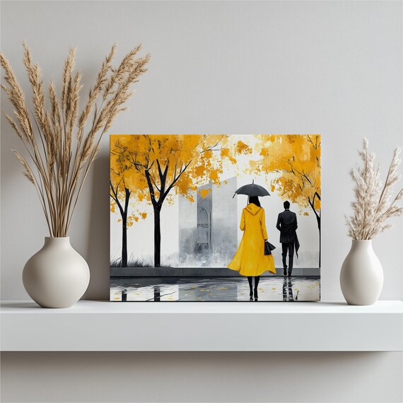 Yellow Raincoat Woman Rainy Day City Street Golden Autumn Art Print
