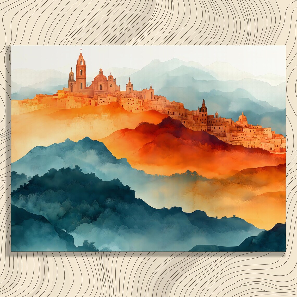 Colonial Hilltop Cathedral City Layered Mountain Watercolor Poster