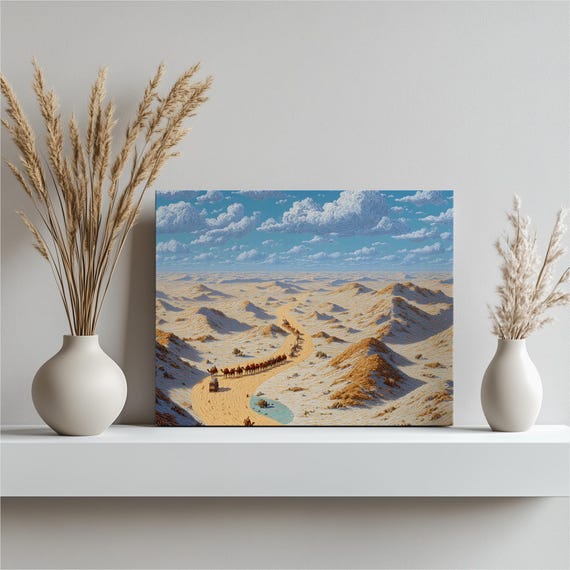 Desert Camel Caravan Canvas Wall Art Colorful Rolling Dune Landscape Boho Decor Blue Sky Clouds Nature Illustration Travel Gift Print