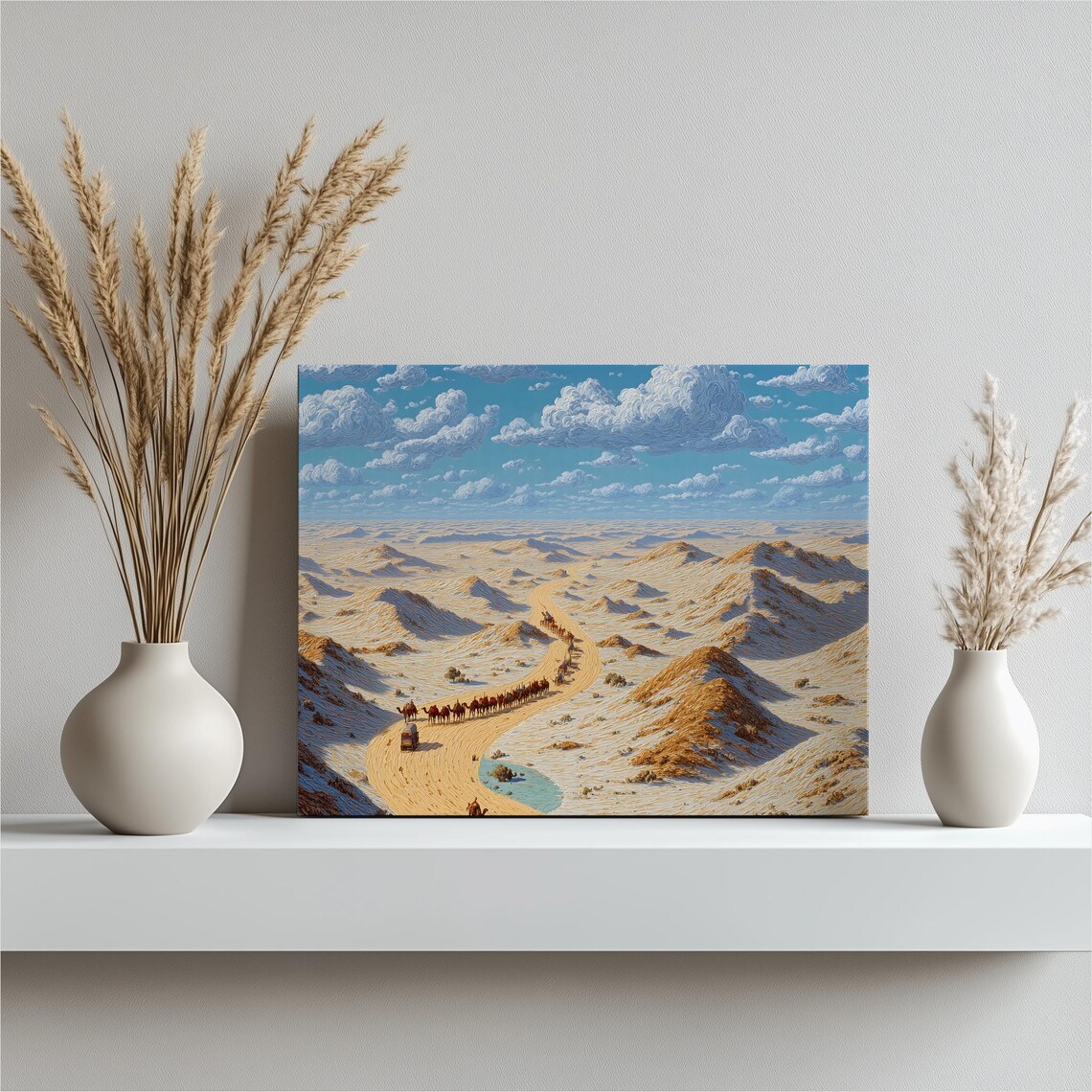 Desert Camel Caravan White Dunes Blue Sky Travel Landscape Art Poster
