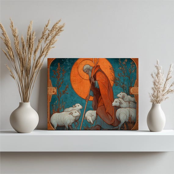 Byzantine Good Shepherd Canvas Wall Art Vintage Religious Icon Print For Christian Decor Gift With Pastoral Sheep Illustration