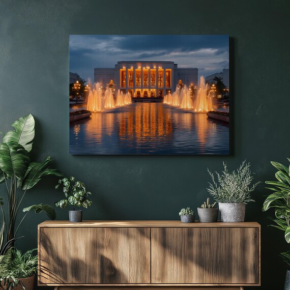 Opera House Fountains Canvas Wall Art Urban Cityscape Print Night Lights Water Reflections Grand Neoclassical Facade Decor Painting Gift