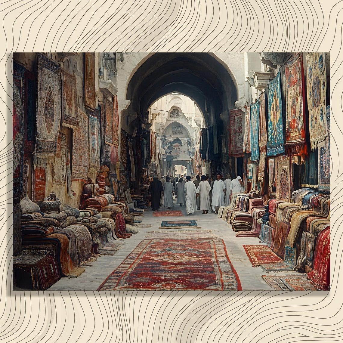 Vibrant Rug Bazaar Market Alley Under Ancient Stone Arches Wall Art
