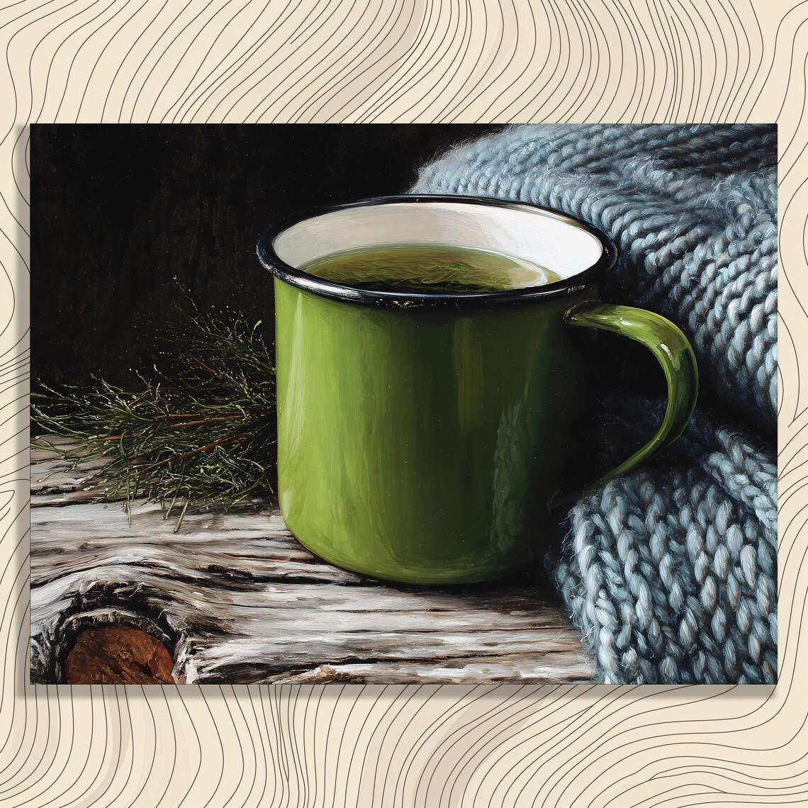 Green Enamel Mug Cozy Hot Tea Winter Warm Morning Still Life Poster