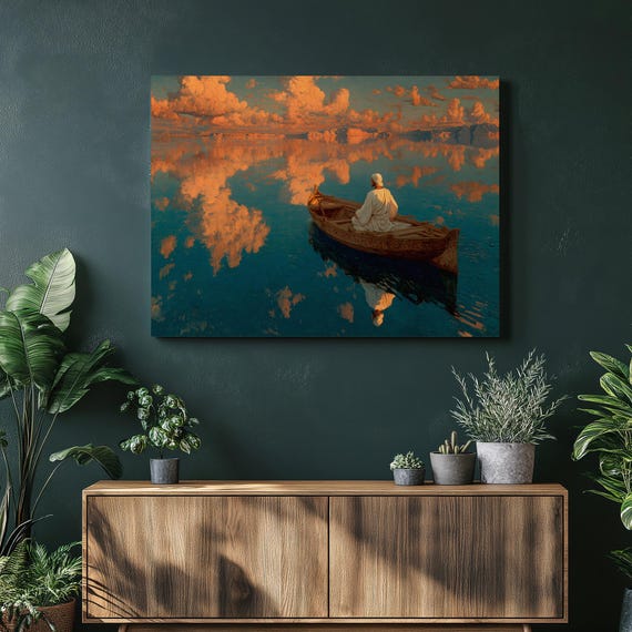 Man In Boat Canvas Wall Art Lake Sunset Painting Clouds Reflection Calm Waters Zen Landscape Tranquil Home Decor For Nature Lovers