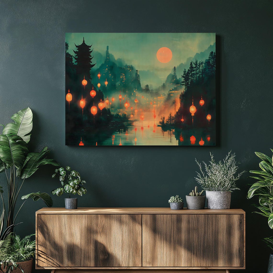 Pagoda Lantern Festival Canvas Wall Art Moonlit River Mountains Red Lanterns Full Moon Reflection Asian Decor Misty Forest Print