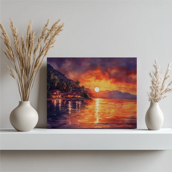Fiji Tropical Sunset Canvas Wall Art Coastal Ocean View Painting With Palm Trees For Living Room Bedroom Office Home Decor Gift
