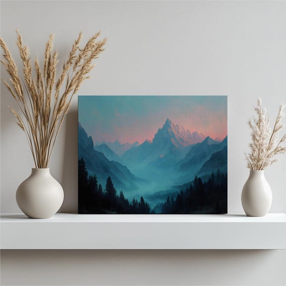 Misty Mountain Sunrise Canvas Wall Art Colorful Landscape Print Foggy Valley Pine Forest Nature Decor Scenic Pink Sky