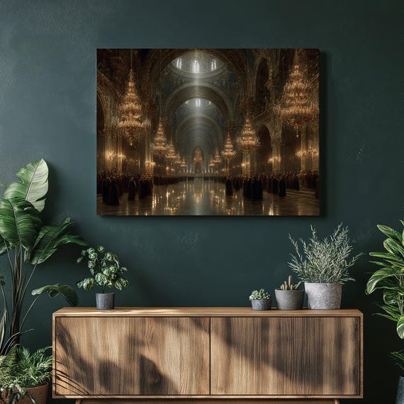 Gothic Cathedral Canvas Wall Art Dramatic Vaulted Ceiling Baroque Architecture Crystal Chandelier Light Reflective Floor Architectural
