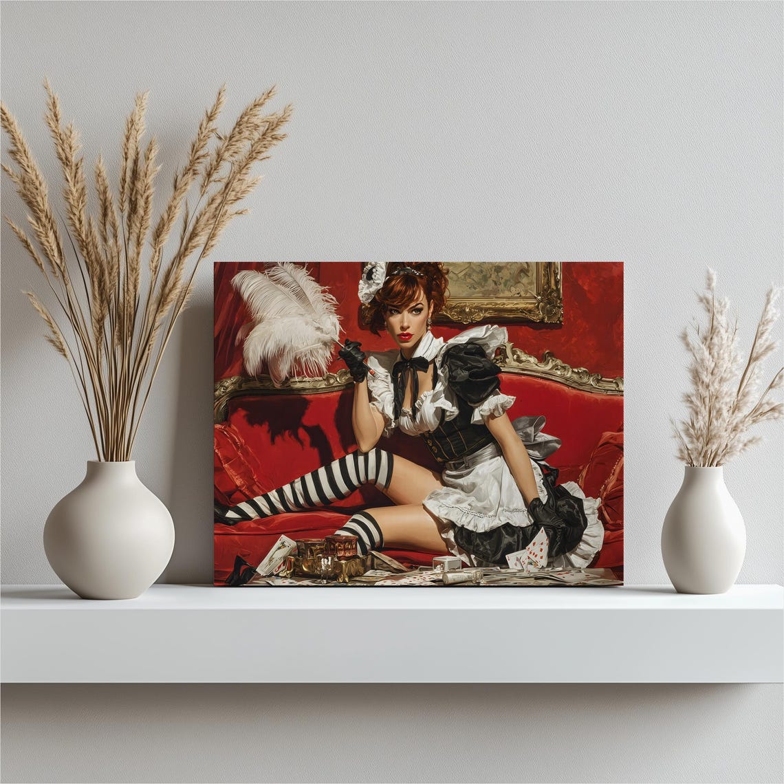 French Maid Pin Up Retro Glamour Pinup Red Velvet Sofa Art Poster