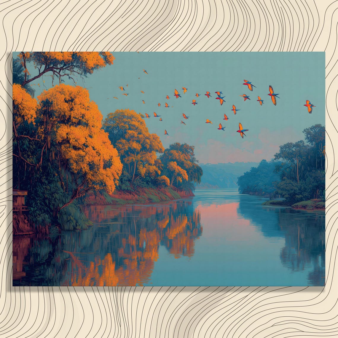 Colorful Parrot Flock Jungle River Tropical Landscape Poster