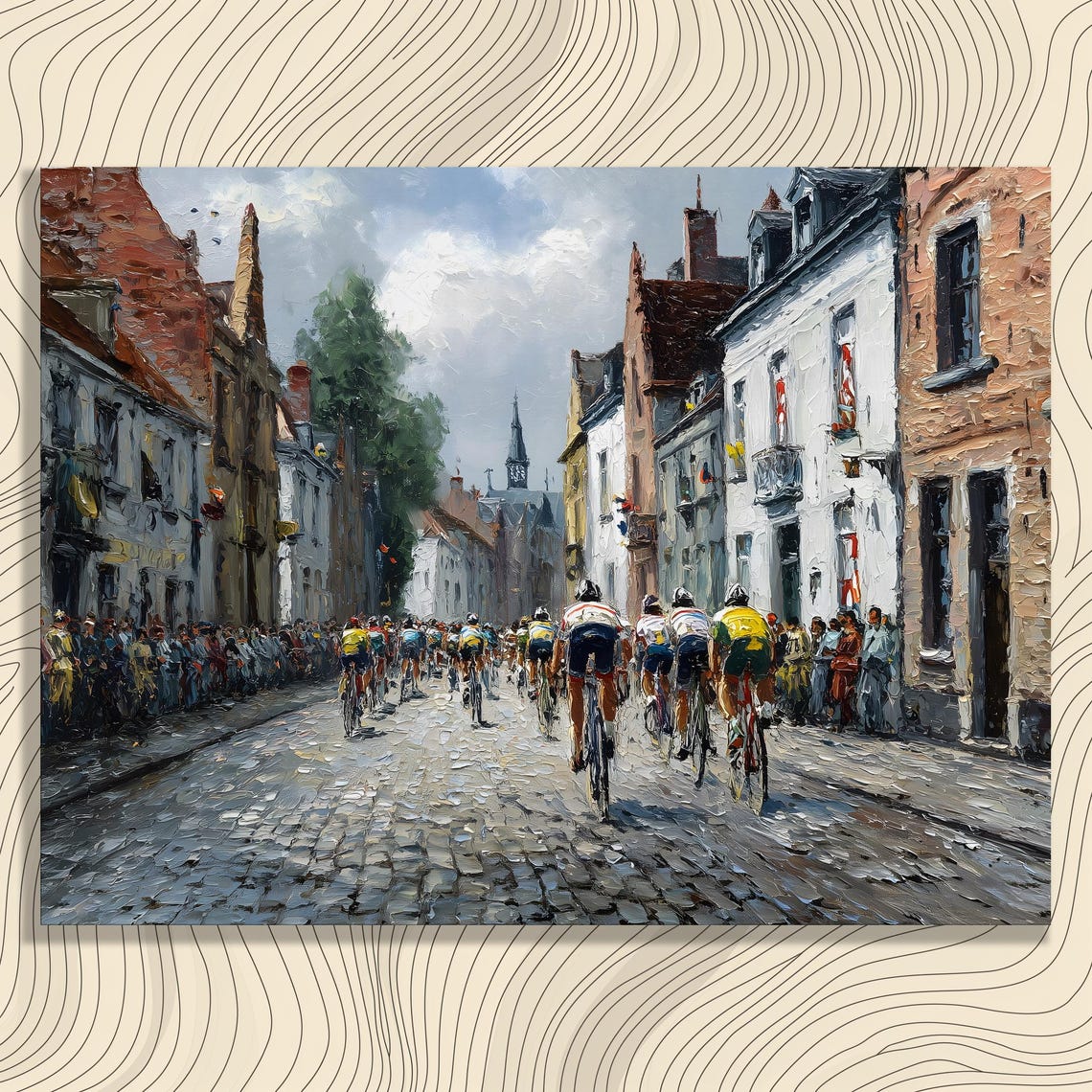 European Cobblestone Bike Race Peloton Impressionist Painting Poster