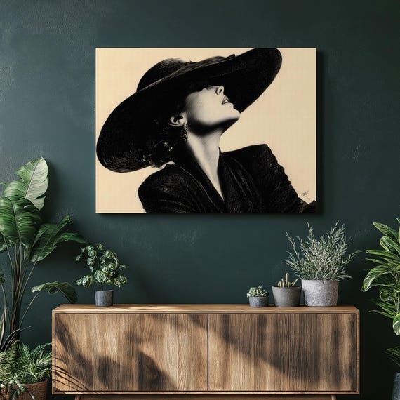 Vintage Fashion Portrait Canvas Wall Art Black And White Woman With Wide Brim Hat Elegant Silhouette Print Painting Decor Gift Deco