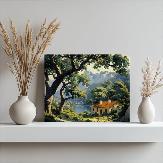 Lake Cottage Landscape Canvas Wall Art Serene Lakeside Scene With Oak Trees Mountain View Peaceful Nature Decor Print For Home