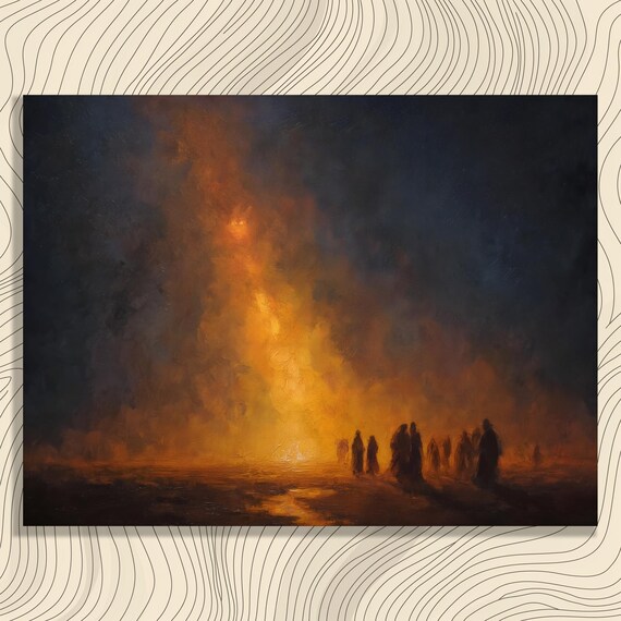 Towering Blaze Night Fire Silhouettes Dramatic Oil Painting Poster