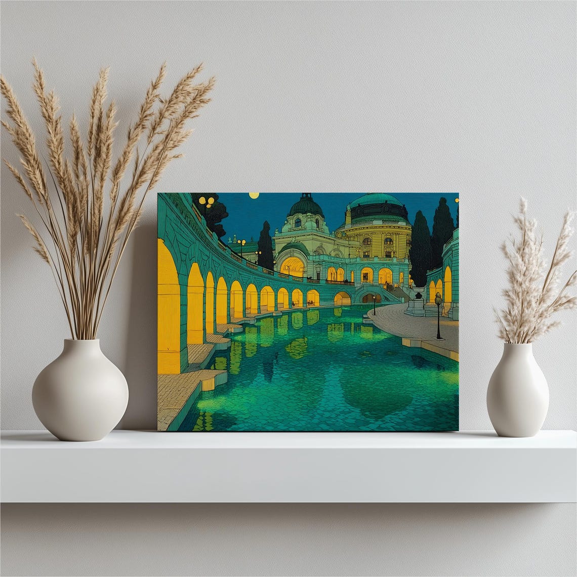 Budapest Thermal Bath Canvas Wall Art Moonlit Colonnades And Turquoise Pool European Architecture Print Hungary Night Cityscape Decor