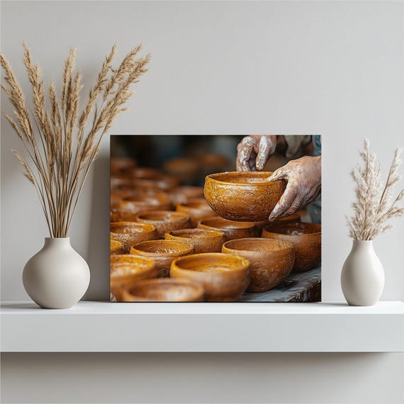 Lebanese Pottery Workshop Canvas Wall Art Artisan Hands Shaping Clay Bowls Ceramic Craft Print For Rustic Home Decor And Heritage