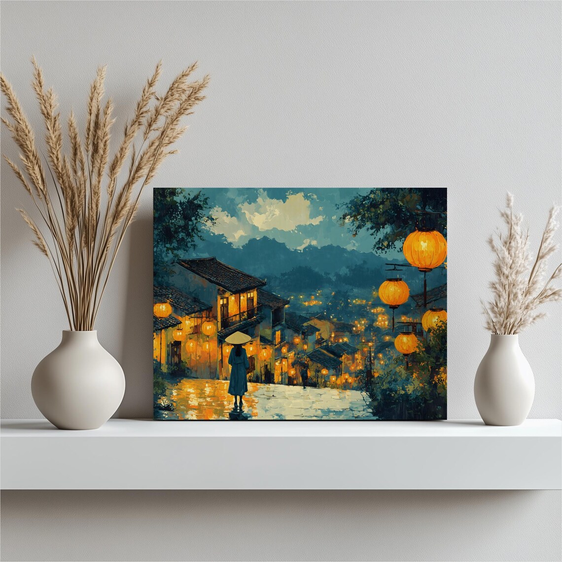 Vietnam Lantern Street Night Old Town Conical Hat Figure Art Poster