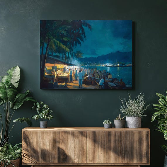 Tropical Harbor Night Canvas Wall Art Lively Fish Market Painting With Boats And Palm Trees Coastal Decor Nautical Artwork Print