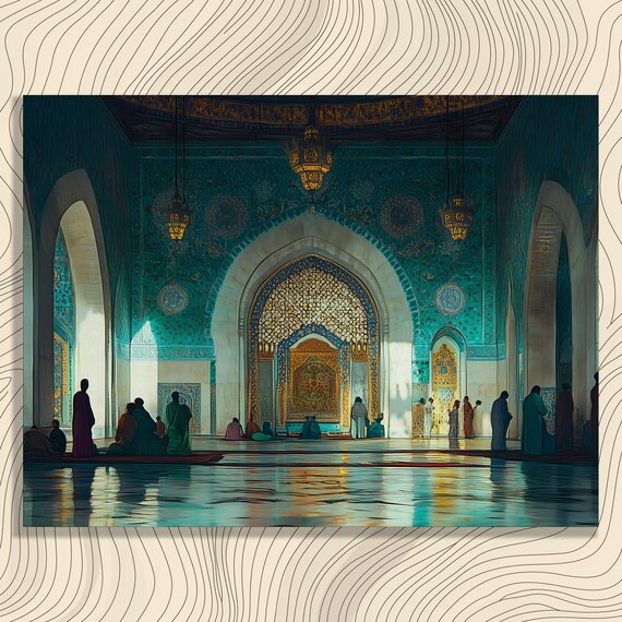 Mosque Interior Turquoise Tiles Golden Mihrab Islamic Art Poster