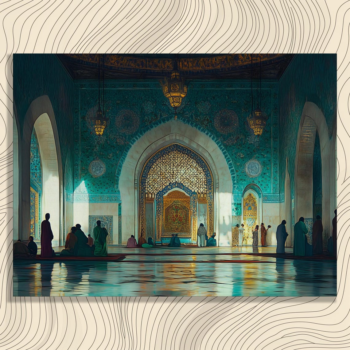 Mosque Interior Turquoise Tiles Golden Mihrab Islamic Art Poster