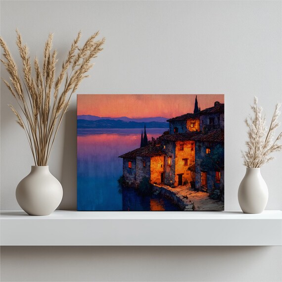 Mediterranean Stone Village at Sunset Over Calm Sea Waters Poster