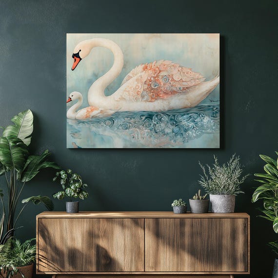 Swan And Cygnet Canvas Wall Art Serene Lake Wildlife Watercolor Print With Intricate Feathers Reflection Elegant Nursery Bird Decor