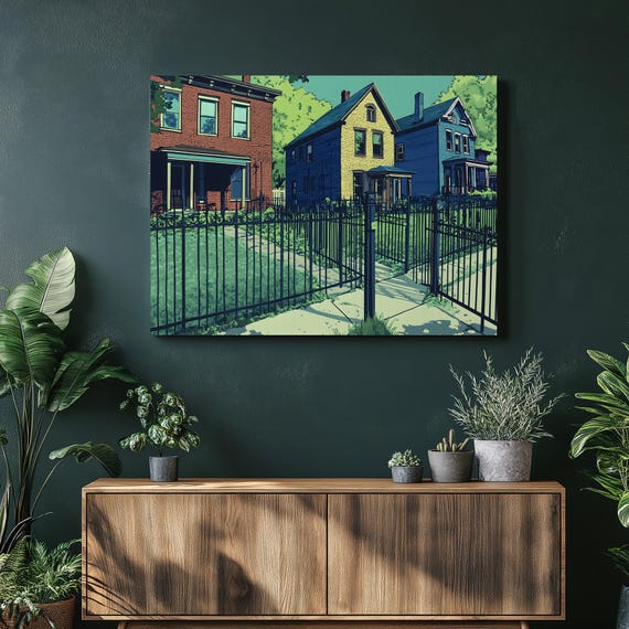German Village Neighborhood Canvas Wall Art Brick Cottages With Wrought Iron Fence Illustration Columbus Ohio Street Scene Historic Homes