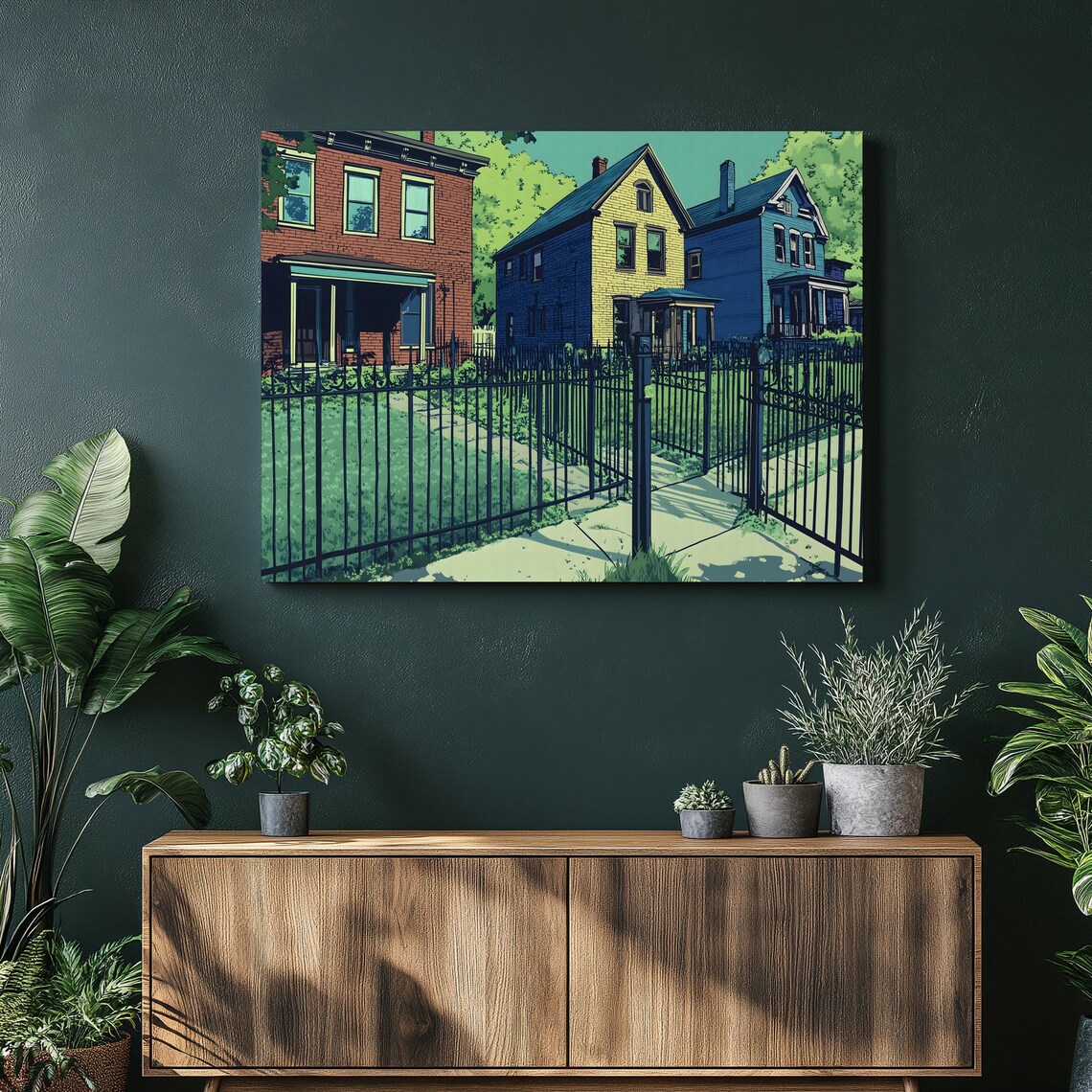 Brick Cottages Wrought Iron Fence Neighborhood Canvas Wall Art