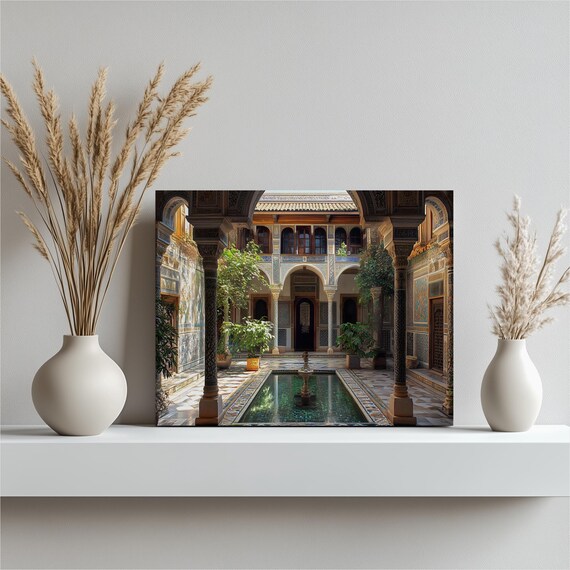 Ornate Mosaic Courtyard Fountain Islamic Arches Architecture Wall Art