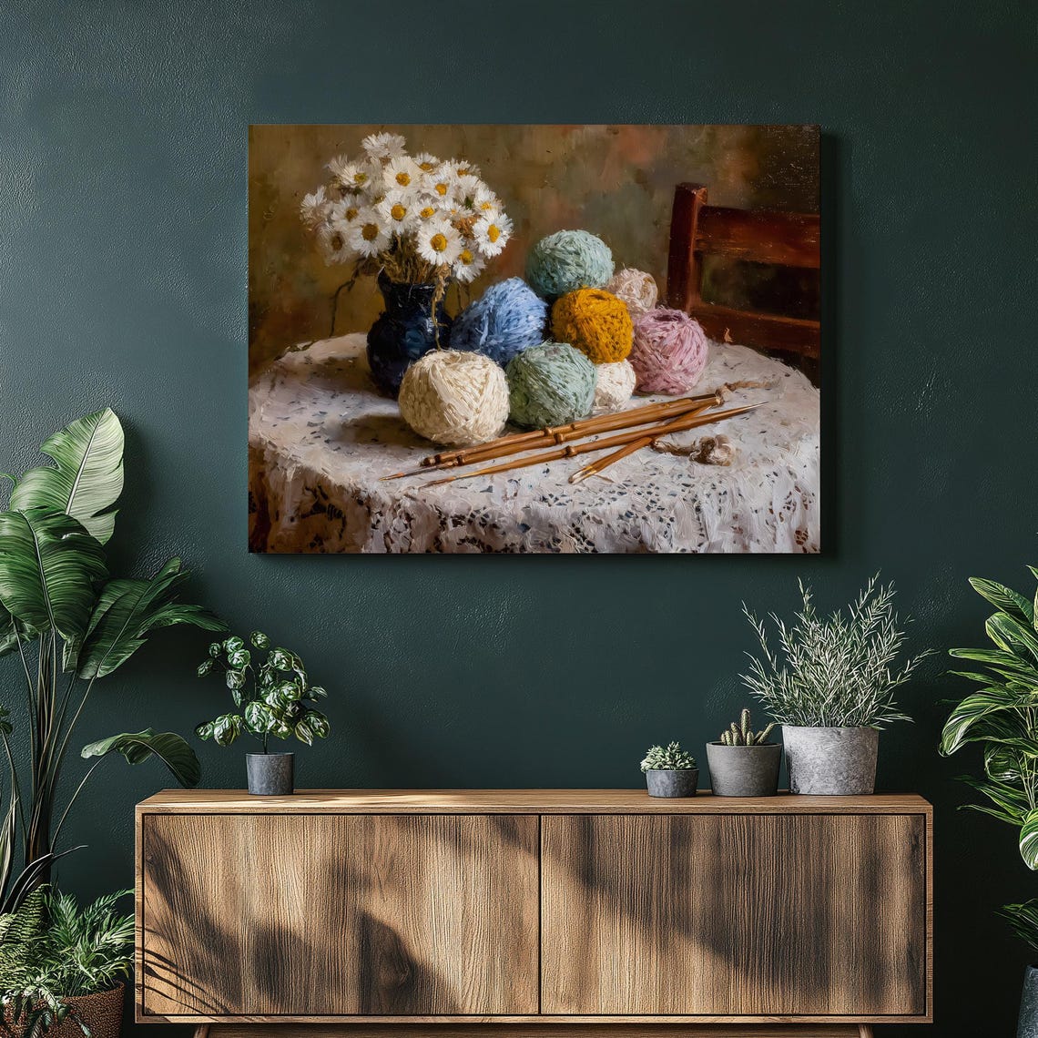 Daisy Still Life Canvas Wall Art Floral Painting Print Farmhouse Style Traditional Country Cottage Vase Of Daisies With Yarn And Needles