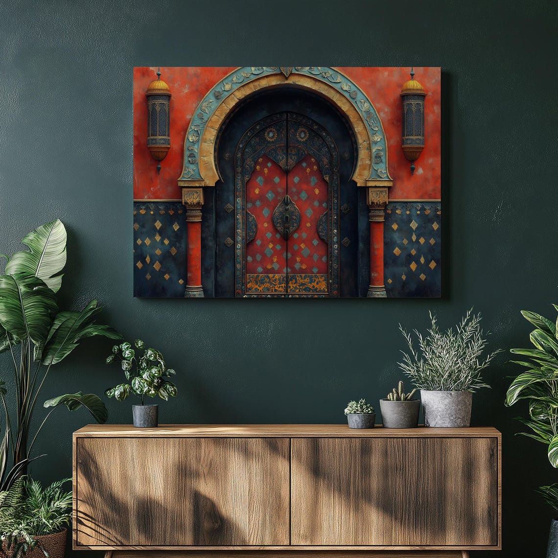 Moroccan Arched Door With Hanging Lanterns Boho Red Canvas Wall Art