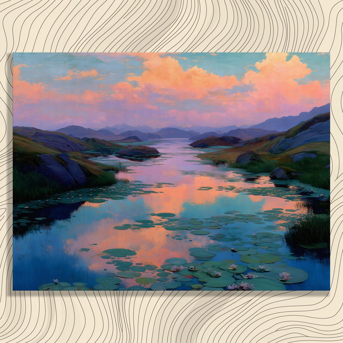 Sunset Water Lily Pond Reflection Pastel Clouds Landscape Art Poster