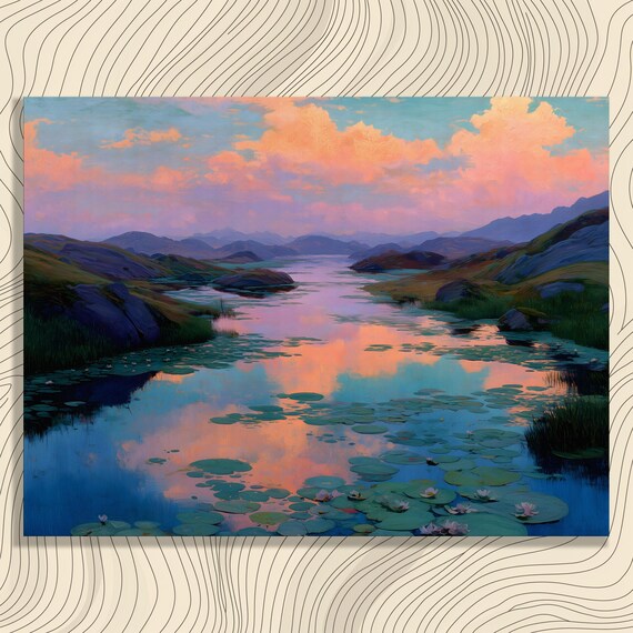 Sunset Water Lily Pond Reflection Pastel Clouds Landscape Art Poster