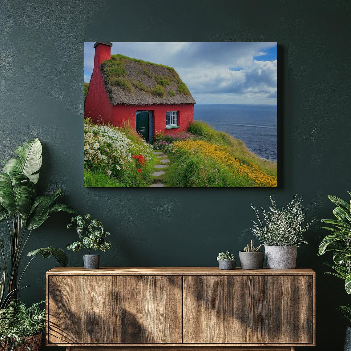 Red Thatched Cottage Clifftop Sea View Wildflower Garden Poster