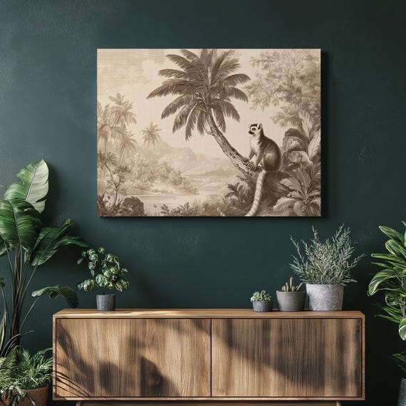 Vintage Lemur Jungle Canvas Wall Art Sepia Wildlife Illustration Of Animal On Palm Branch In Tropical Landscape With River Rainforest