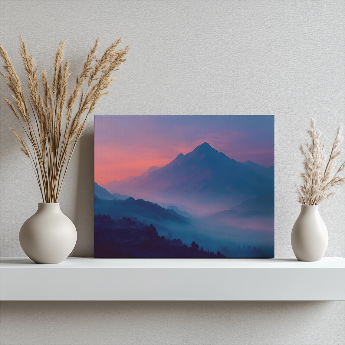 Misty Mountain Sunrise Foggy Valley Purple Sky Canvas Wall Art