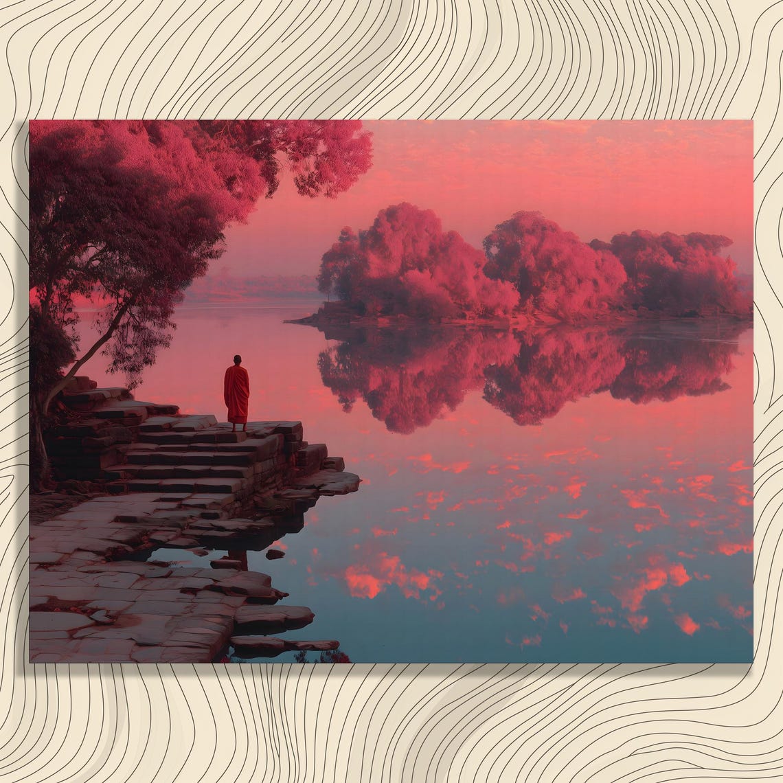 Buddhist Monk Red Forest Lake Reflection Serene Meditation Wall Art