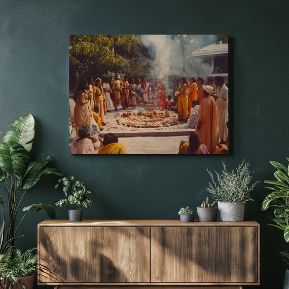 Hindu Fire Ritual Canvas Wall Art Festival Scene With Flower Mandala Boho Style Spiritual Decor Outdoor Altar Prayer Gathering