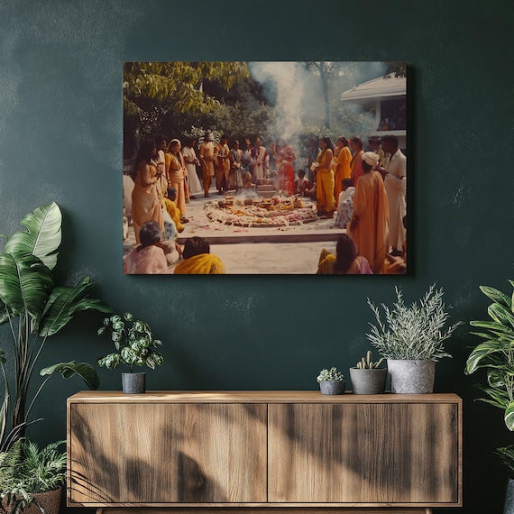 Hindu Fire Ritual Festival Gathering Spiritual Canvas Wall Art